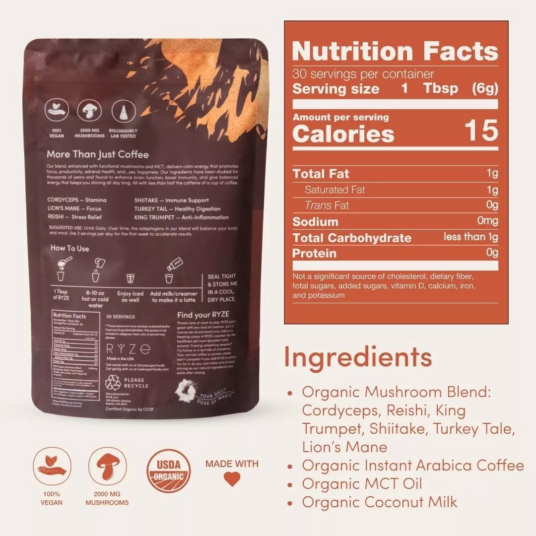 Organic RYZE Mushroom Coffee  -  Pack of 2, 30 Servings Per Pack Free Shipping, Fast Delivery